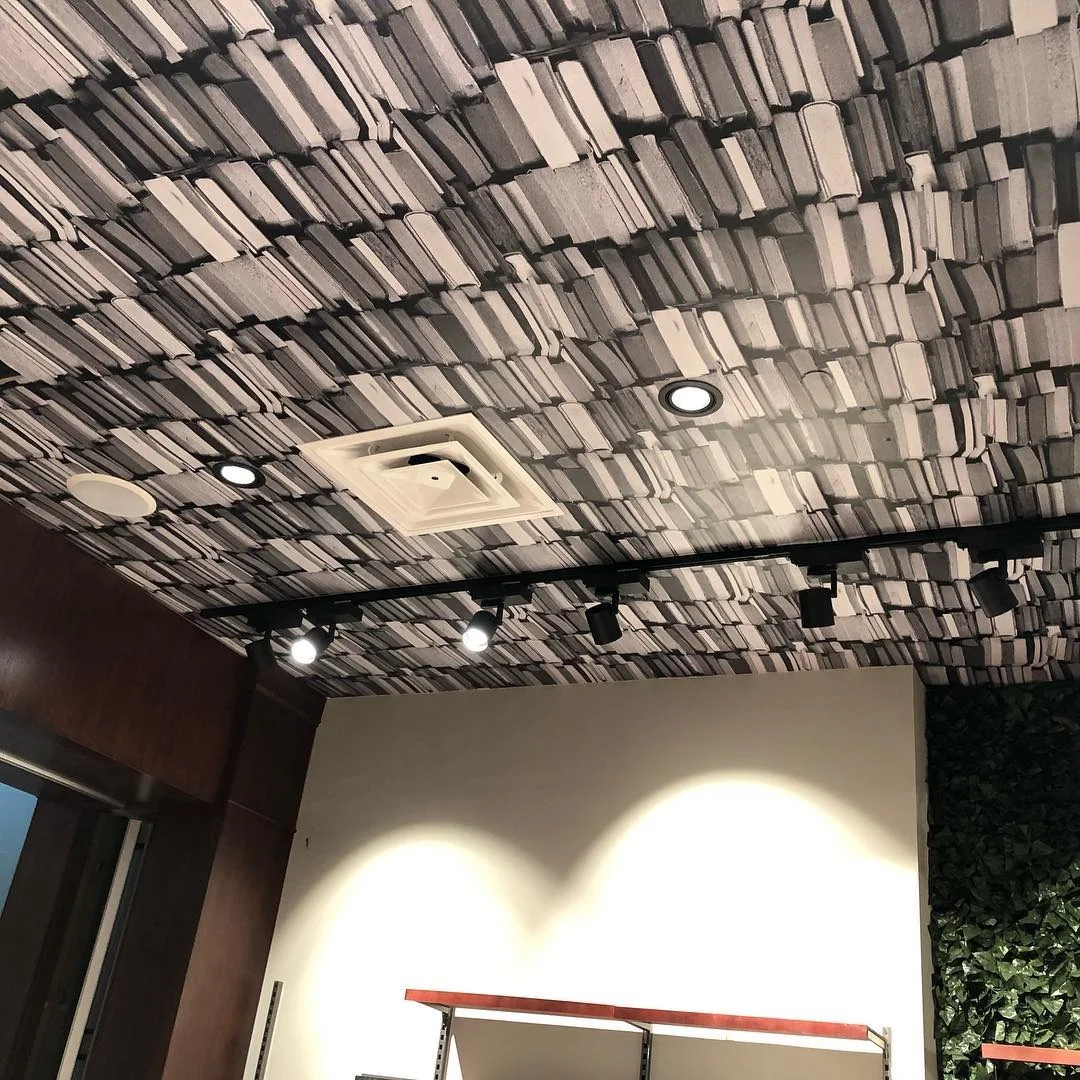 3D Book-Spine Acoustic Ceiling Wrap for Custom Commercial Interior — Wall Murals & Interiors installed by Stingray Signs LLC