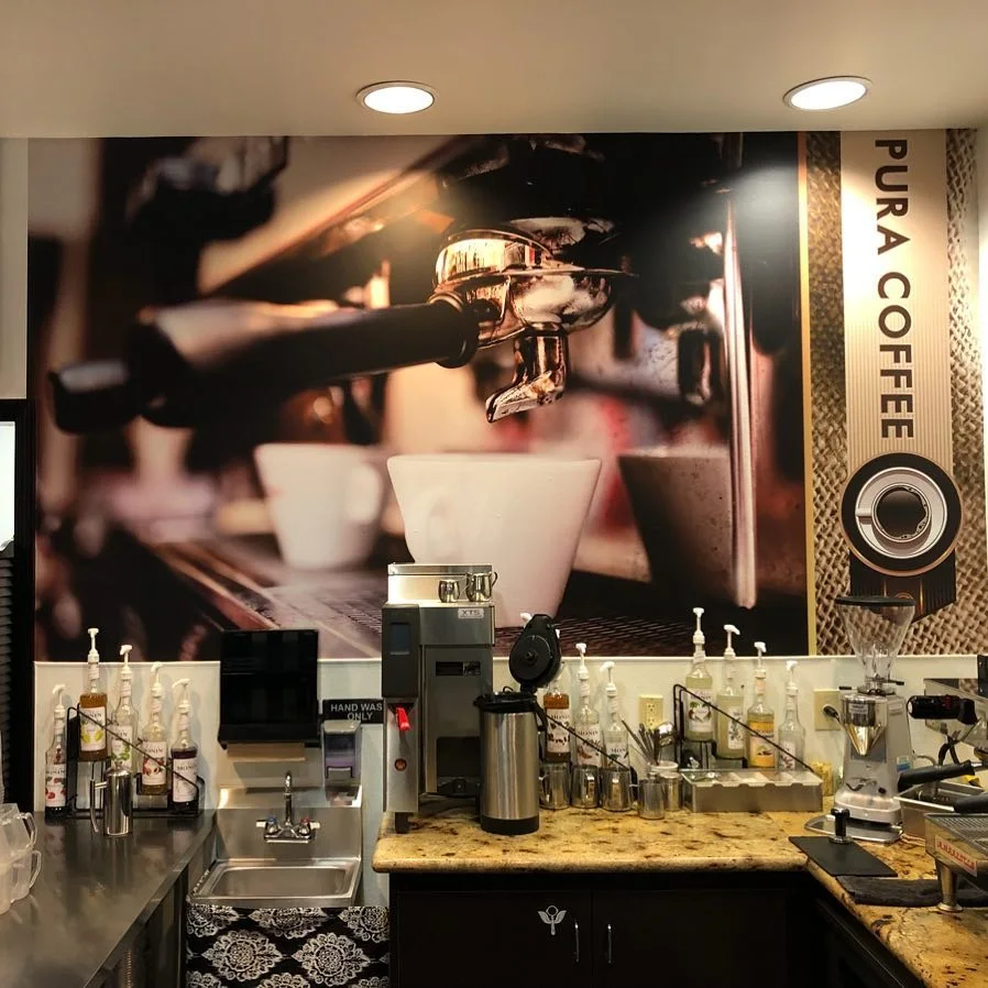 Pura Coffee Interior Espresso Bar Mural for Pura Coffee — Wall Murals & Interiors installed by Stingray Signs LLC