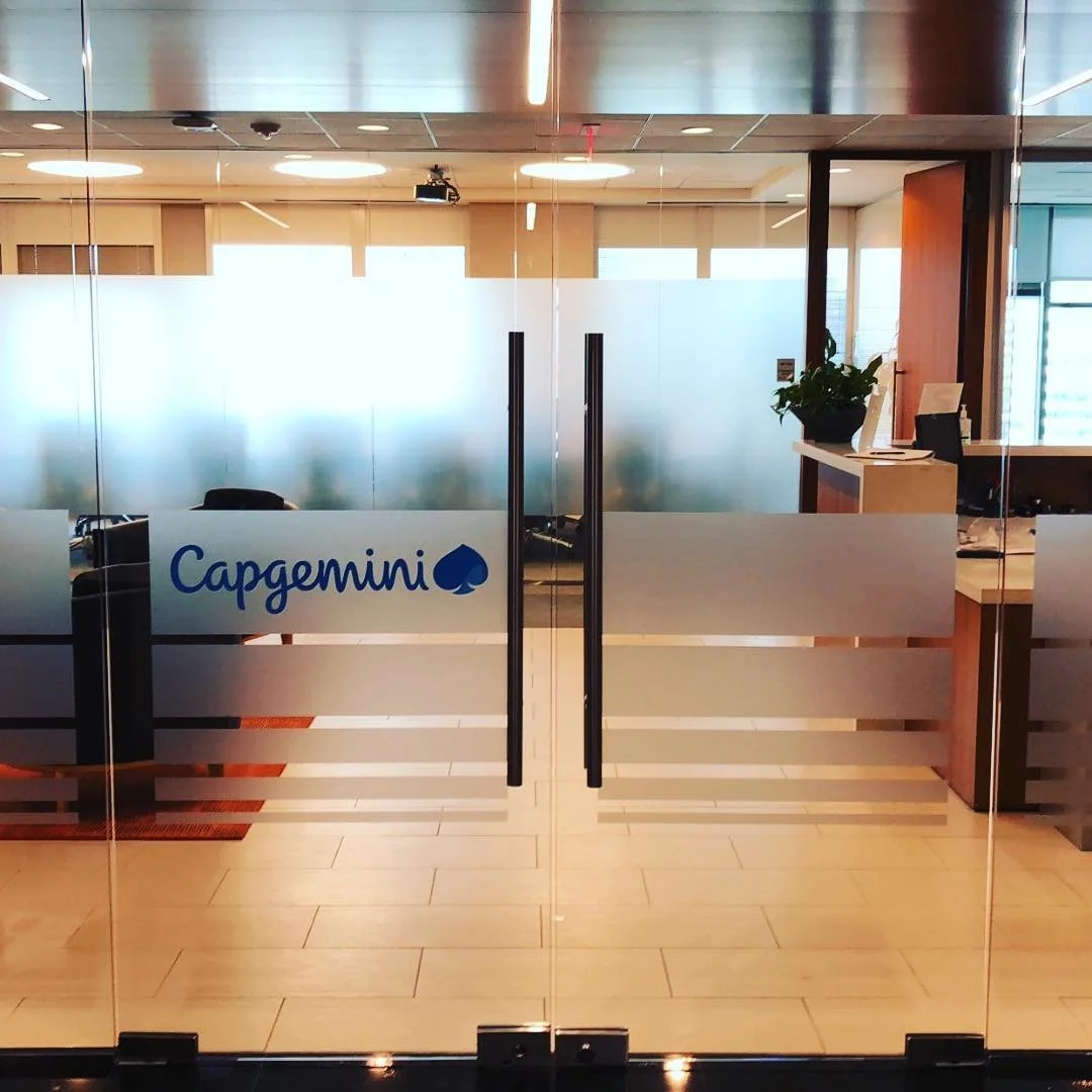 Capgemini corporate office etched frosted glass privacy band and custom cut blue logo door film