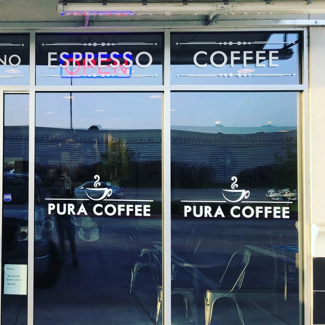 Pura Coffee Entrance Vinyl Lettering for Pura Coffee — Storefront Window Graphics installed by Stingray Signs LLC