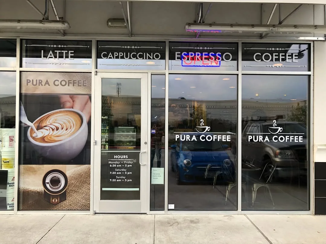 Pura Coffee Complete Branding — Storefront & Interior Mural for Pura Coffee installed by 3M Certified Stingray Signs LLC